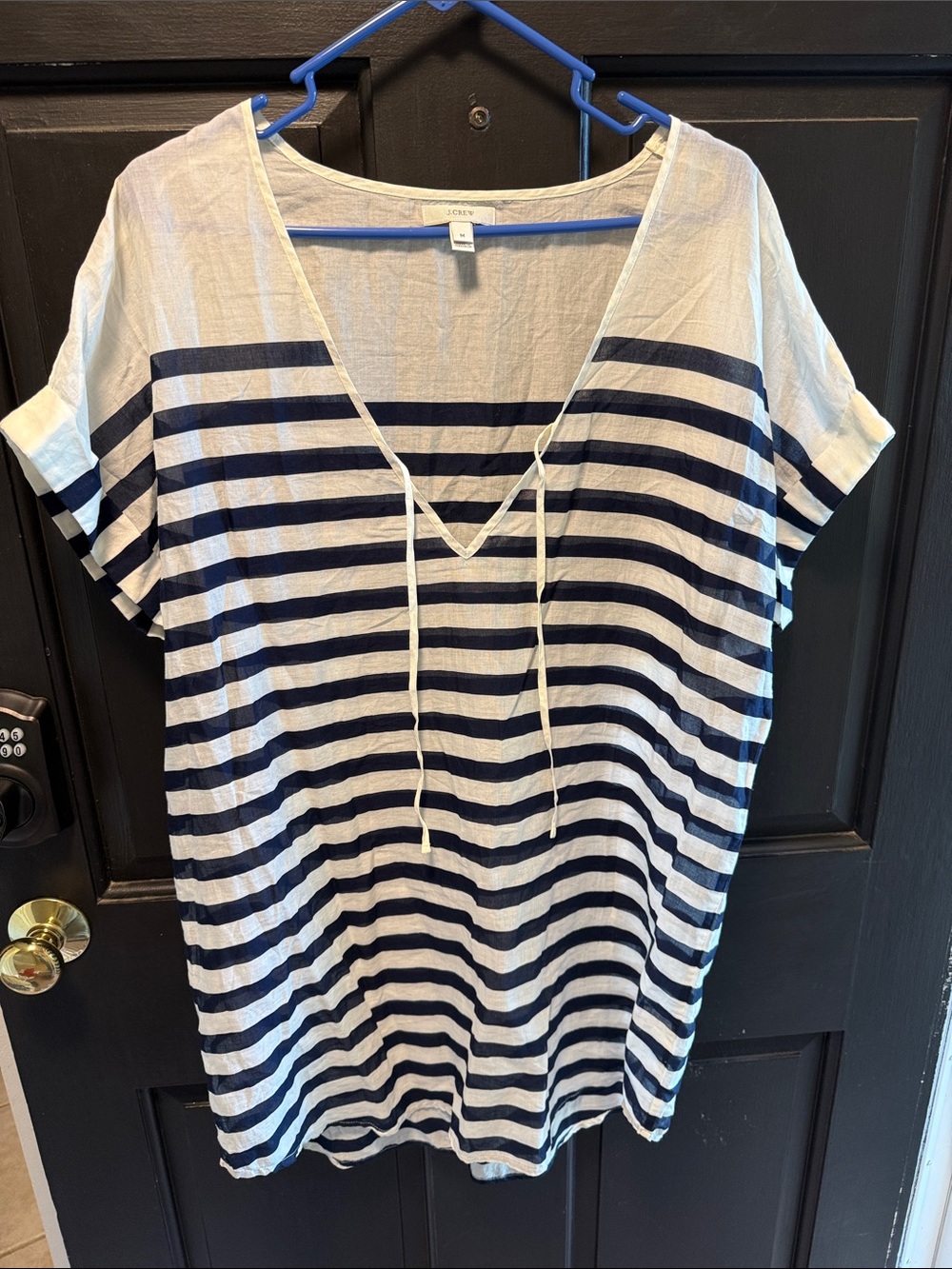 J. Crew Navy and White Striped V-Neck Tie Tunic